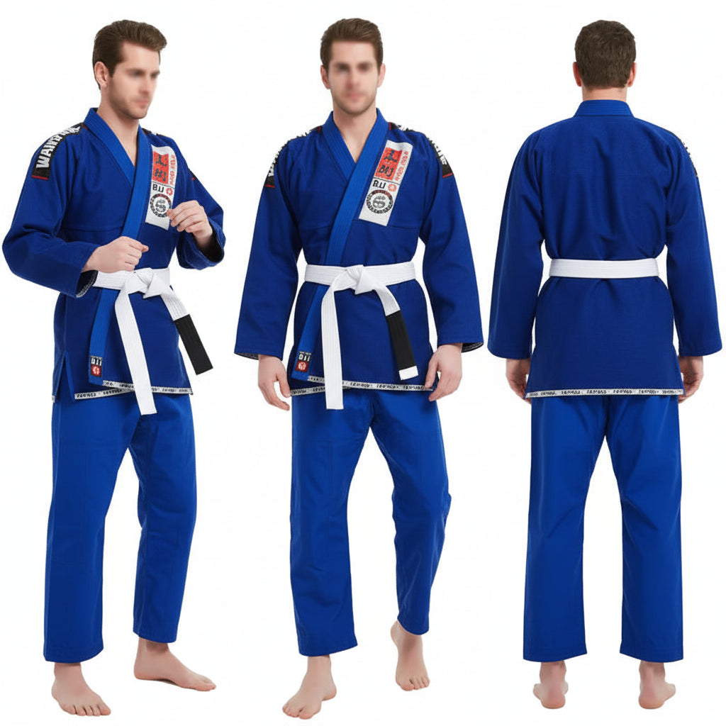 Man modeling a blue martial arts uniform with white and black belts on a white background