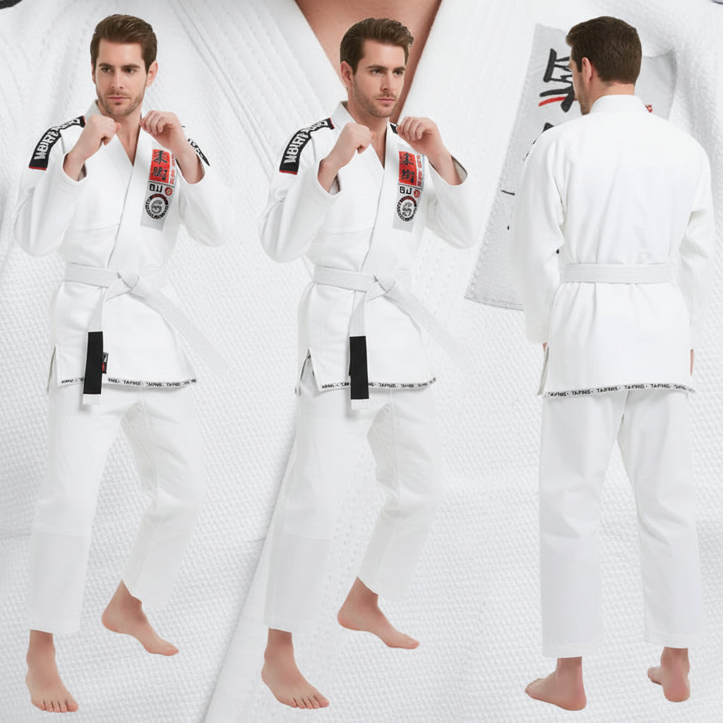 Person wearing a white martial arts bjj uniform with a black belt, shown from front, side, and back views.