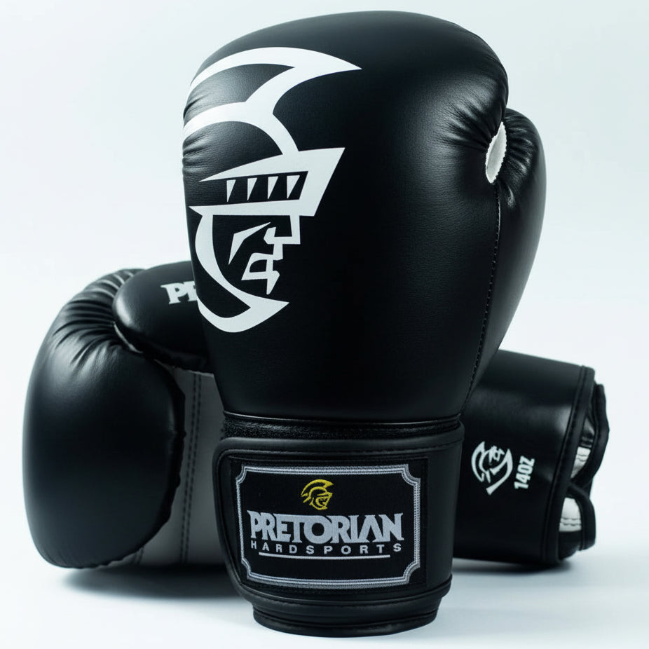 Black boxing glove with Pretorian Hardsport logo on a light gray background