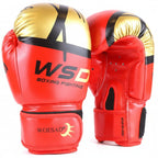 Red boxing gloves with gold and black accents on a white background