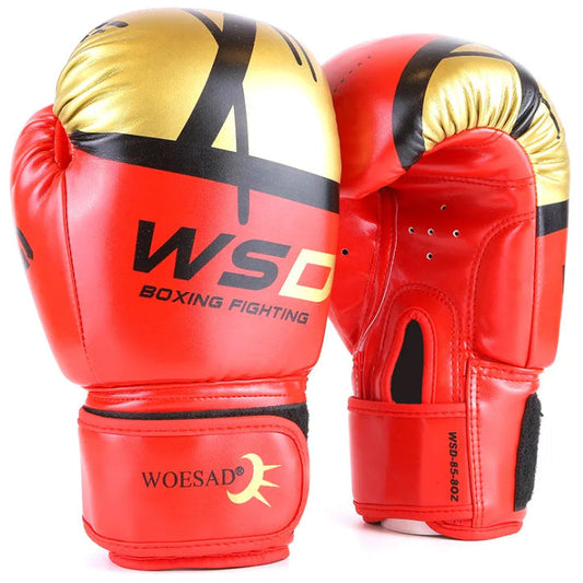 Red boxing gloves with gold and black accents on a white background