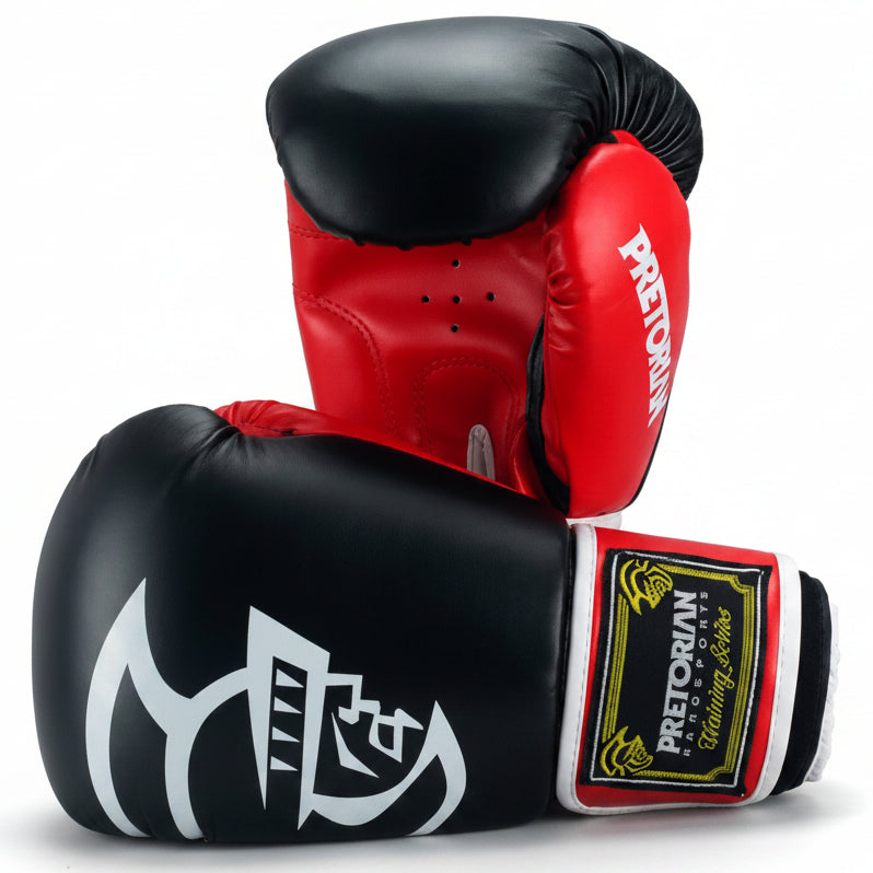 Pair of red and black boxing gloves with 'Pretorian' branding on a gray background