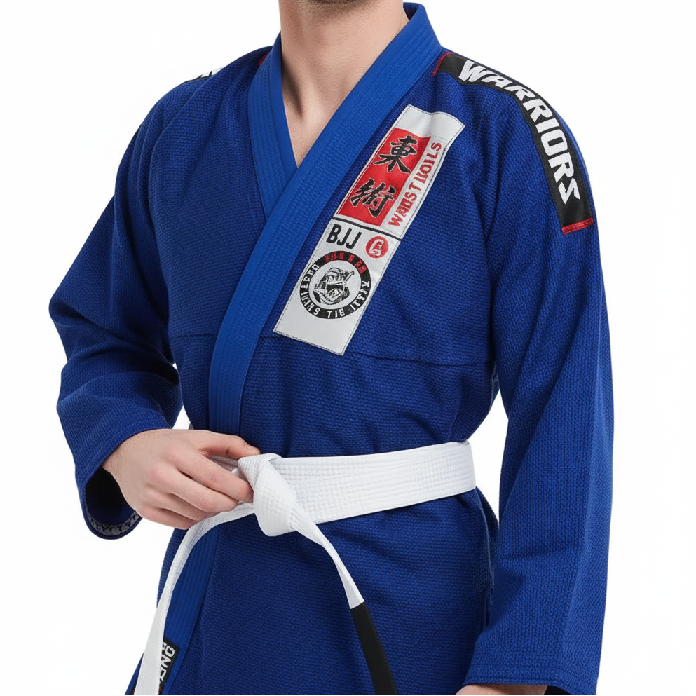 Person wearing a blue martial arts uniform with a white belt on a white background