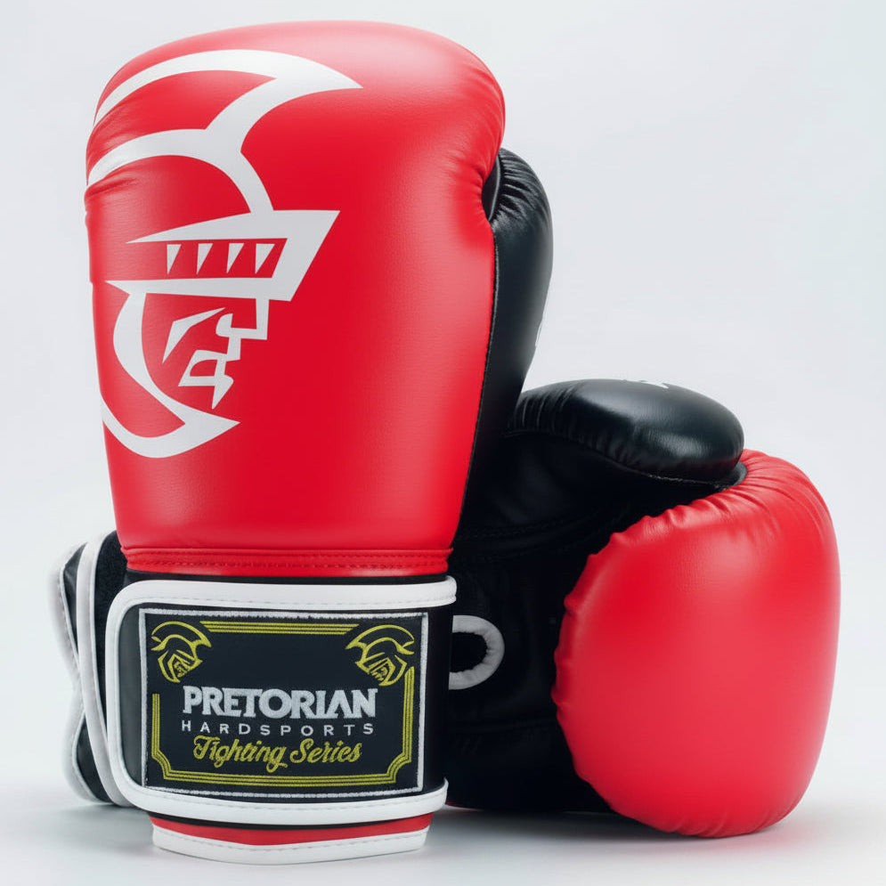 Red and black boxing gloves with a brand logo on a gray background
