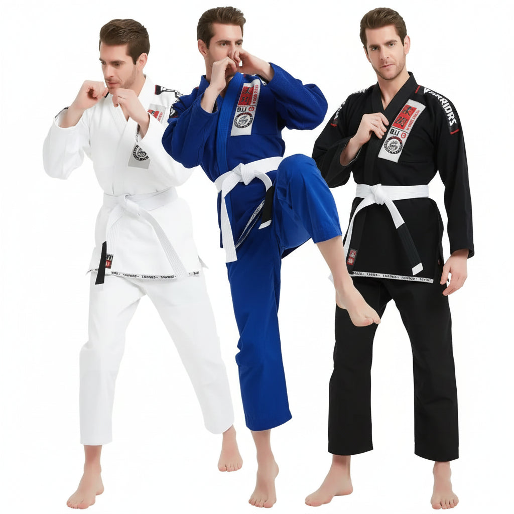 Three individuals wearing different colored martial arts uniforms on a white background