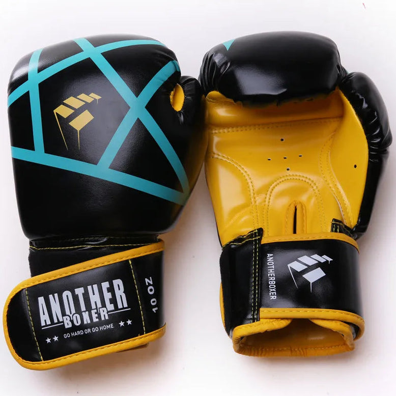 Pair of black and yellow boxing gloves with 'Another Boxer' branding on a white background