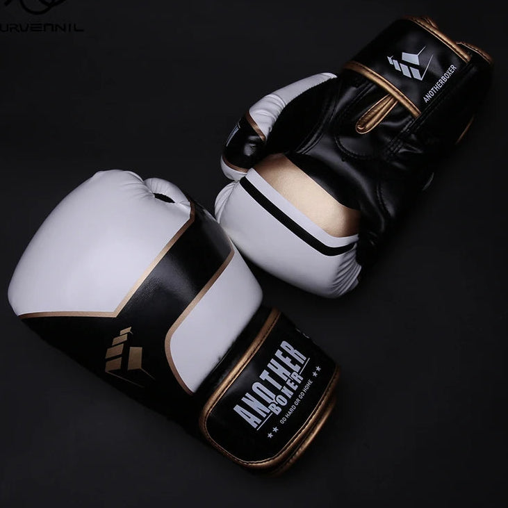 Pair of black and white boxing gloves with gold accents on a dark background, featuring the brand 'Another'.