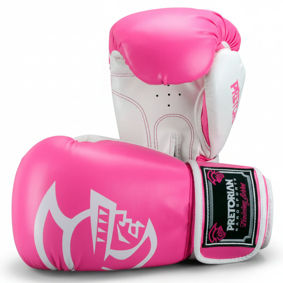 Pair of pink and white boxing gloves with a brand logo on a gray background