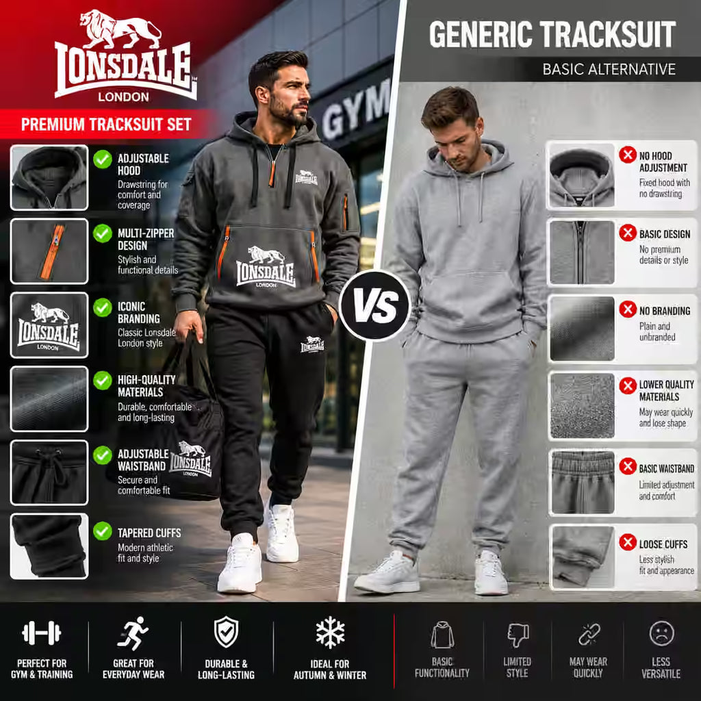 A promotional comparison graphic for Lonsdale London tracksuits, showing a man modeling a black premium tracksuit on the left and a gray generic tracksuit on the right, with feature callouts and logos on both sides.