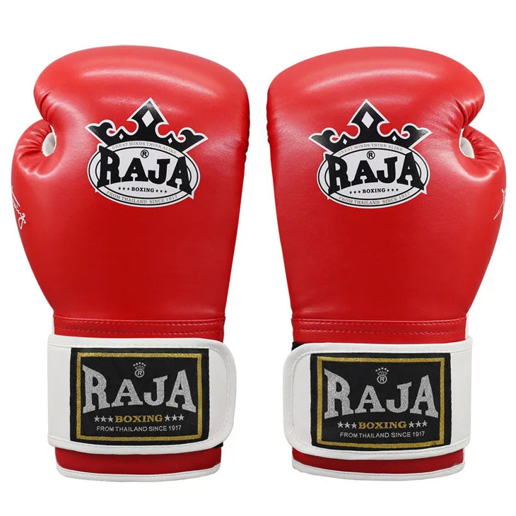 Red boxing gloves with Raja Boxing logo on a white background