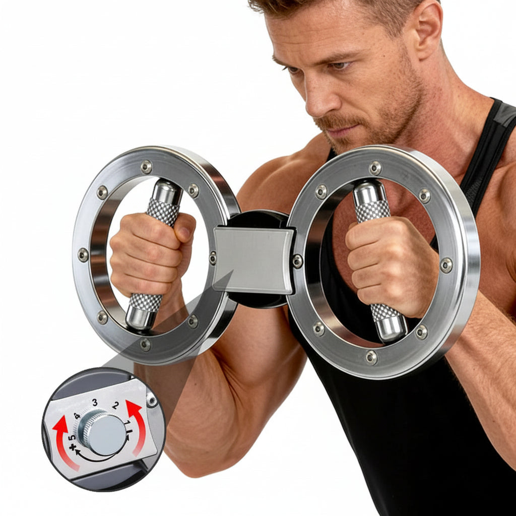 Man using a unique exercise device with adjustable resistance, 