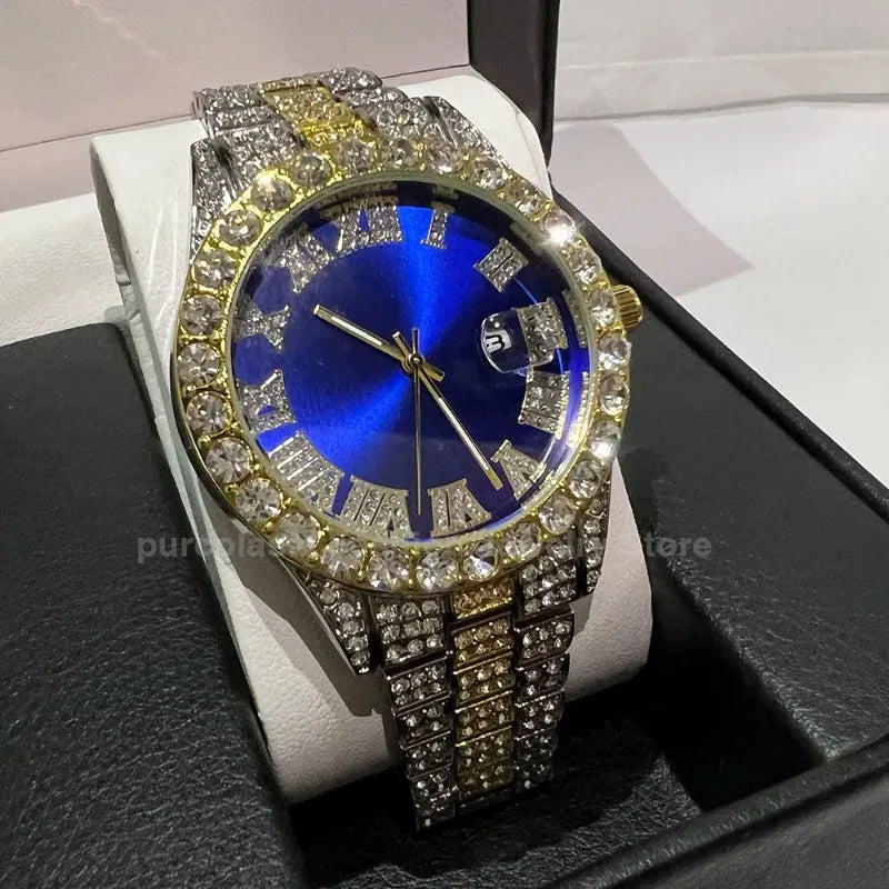 Luxury Men's Diamond Watch – Emerald, Red & Blue Dial | Roman Numerals & Quartz Movement - FitZone360