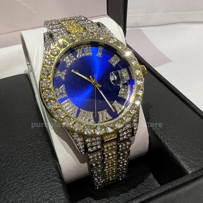 Luxury Men's Diamond Watch – Emerald, Red & Blue Dial | Roman Numerals & Quartz Movement - FitZone360