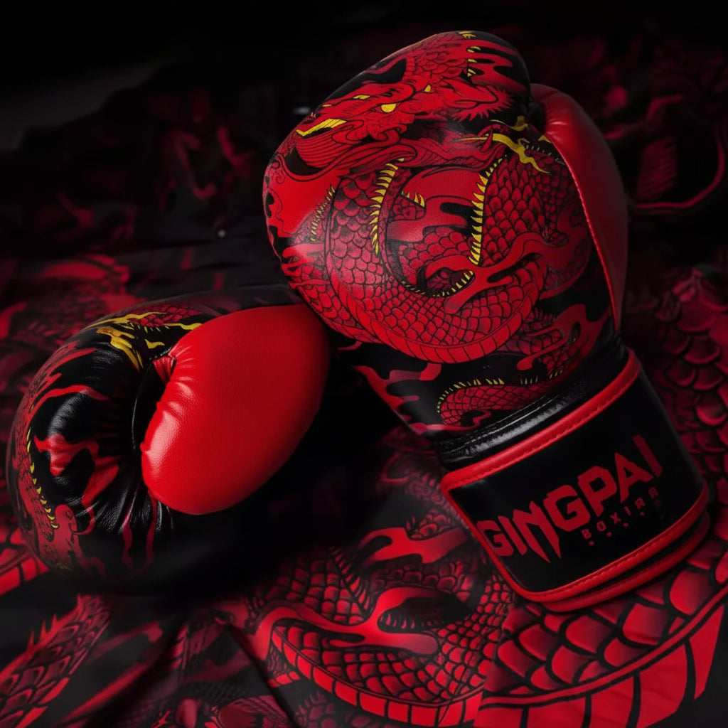 Red and black boxing glove with dragon design on a dark background