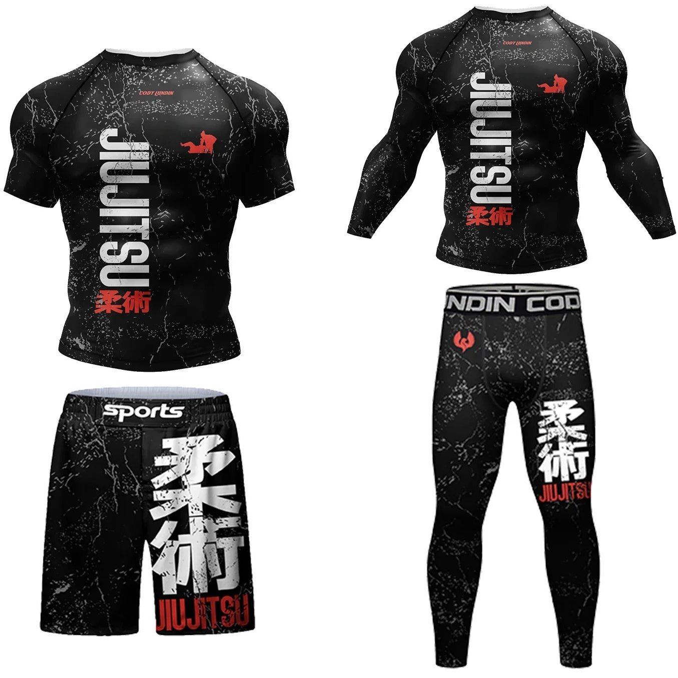 Black Jiu Jitsu athletic wear set with red and white text on a white background