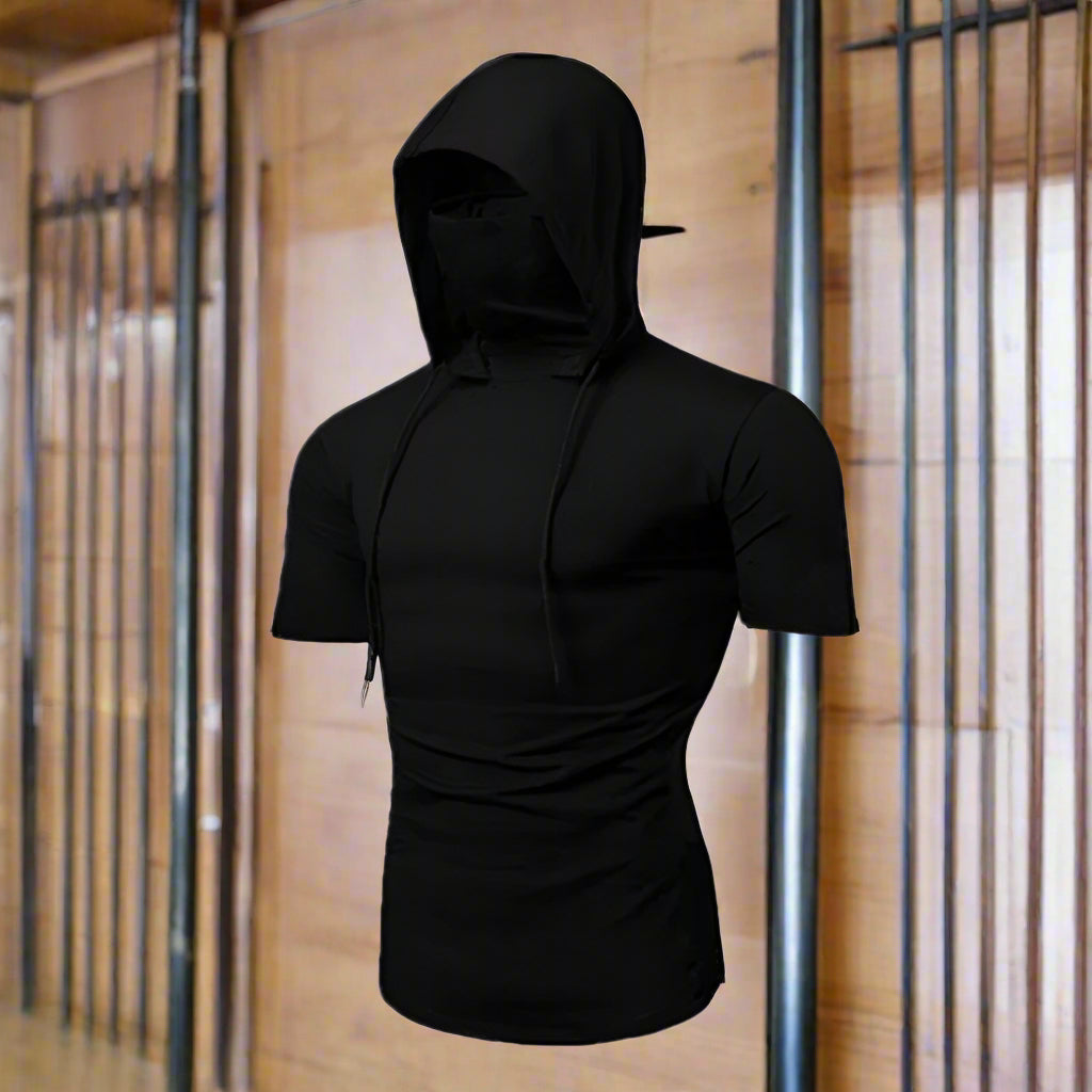 Men’s Gym Hoodie with Mask | Short Sleeve Workout Top - FitZone360