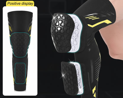 Black knee brace with yellow accents on a person's leg, showing detailed design and texture.
