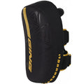 Black and yellow knee pad with branding on a white background