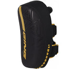 Black and yellow knee pad with branding on a white background
