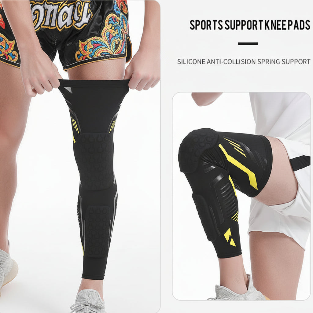 Person wearing black sports support knee pads with yellow accents on a white background