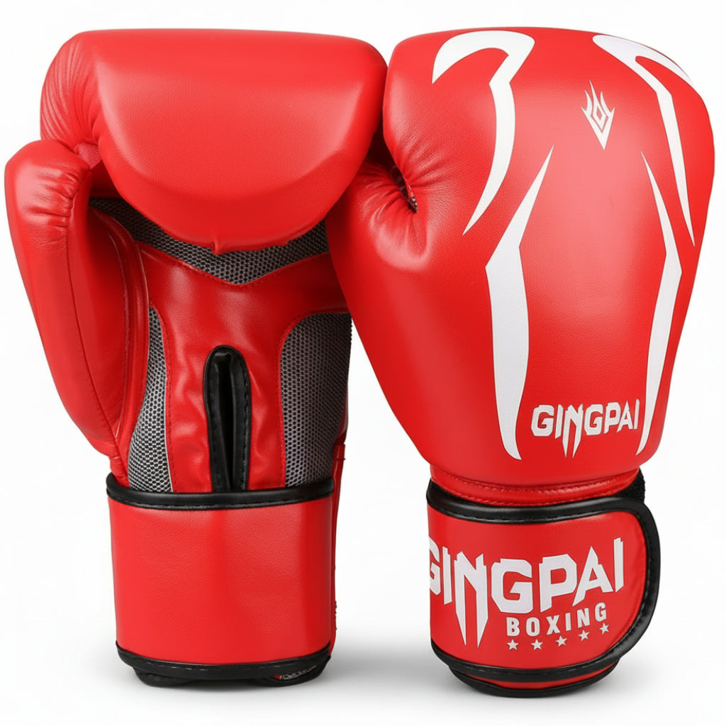 Red boxing gloves with 'Gingpai Boxing' branding on a white background