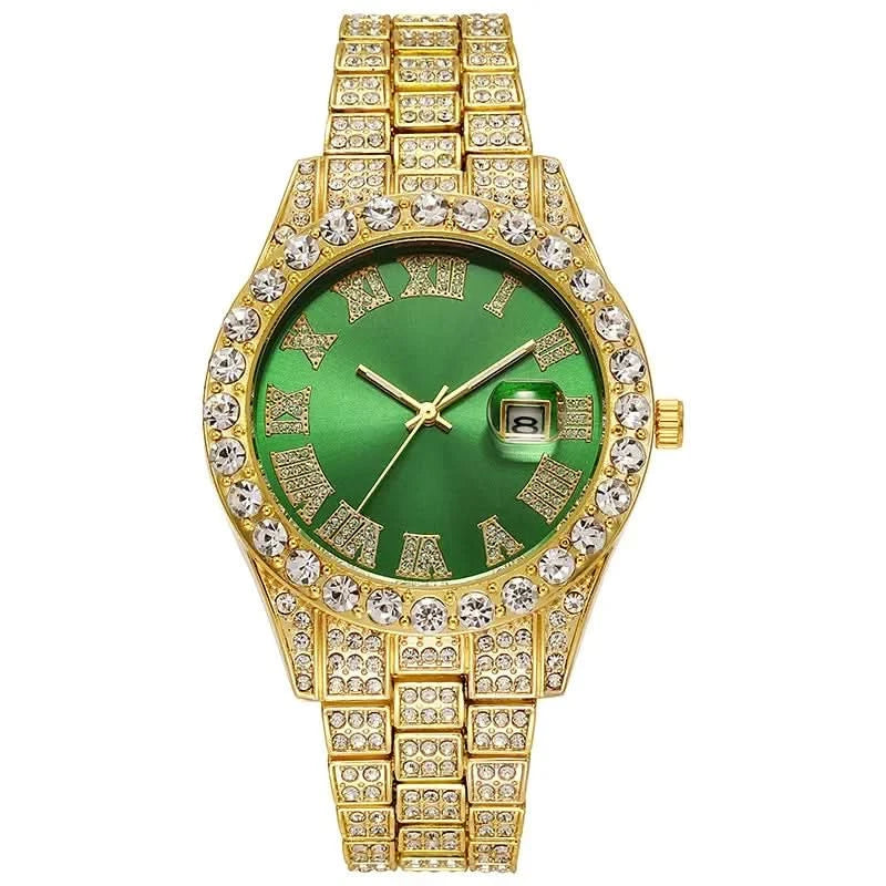 Luxury Men's Diamond Watch – Emerald, Red & Blue Dial | Roman Numerals & Quartz Movement - FitZone360