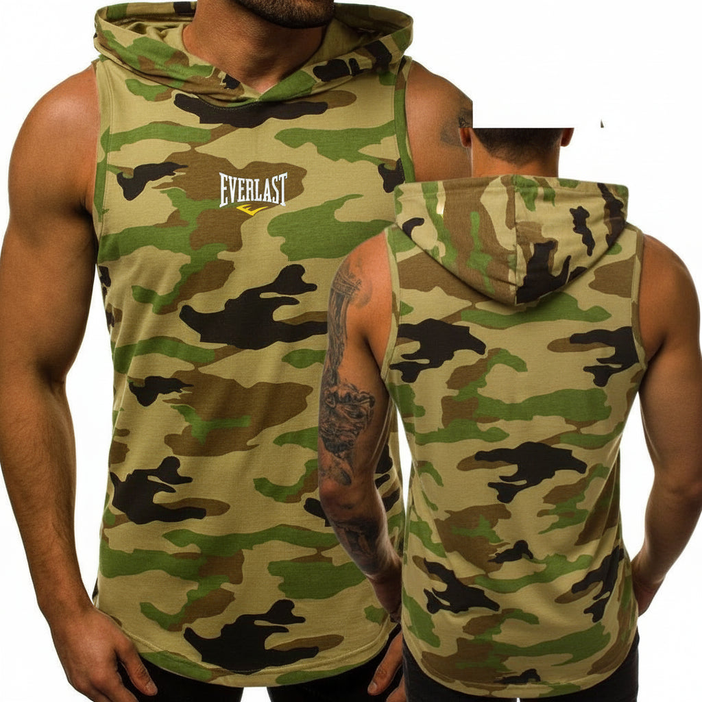 Camouflage sleeveless hoodie with 'Everlast' branding on a white background