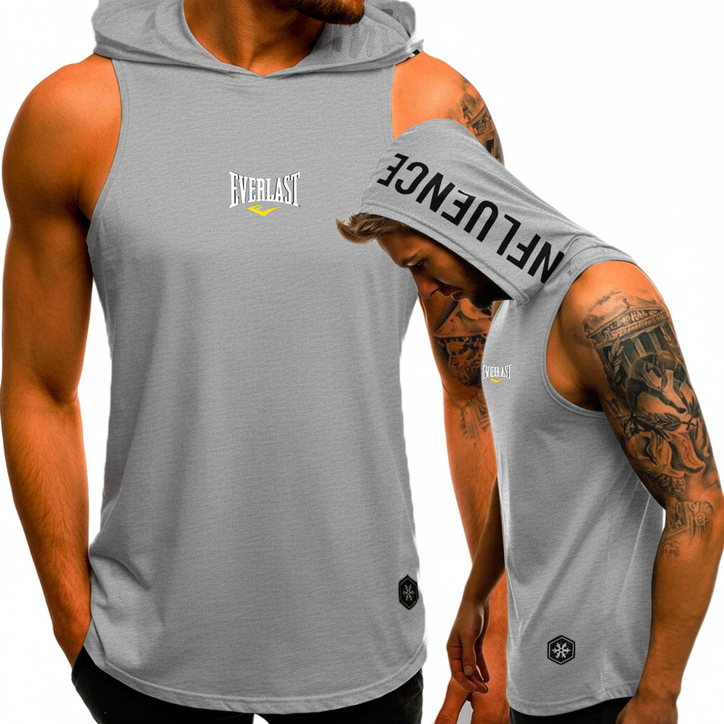 Gray sleeveless hoodie with 'Everlast' branding on a white background