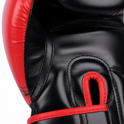 Black and red boxing gloves with dragon design on a white background