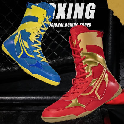Red and blue boxing shoes with gold accents on a black background