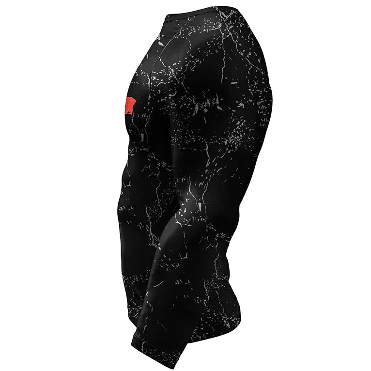 Black athletic leggings with white marble pattern on a white background