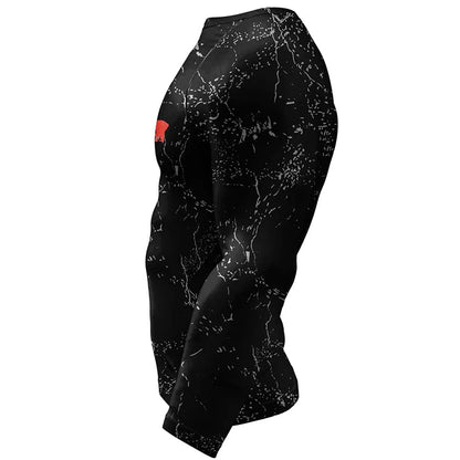 Black athletic leggings with white marble pattern on a white background