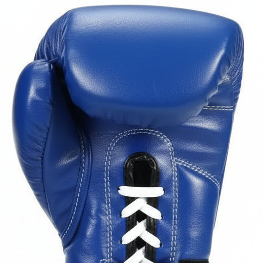 Pair of blue boxing gloves with Xuguan branding on a white background