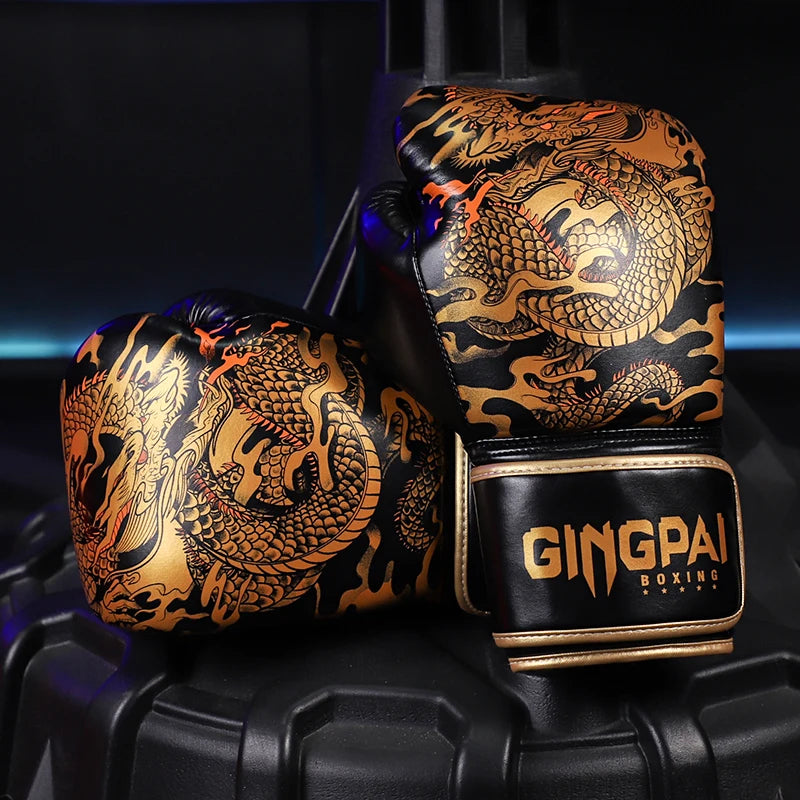 Black and gold boxing gloves with dragon design on a black background