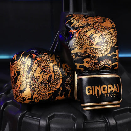 Black and gold boxing gloves with dragon design on a black background