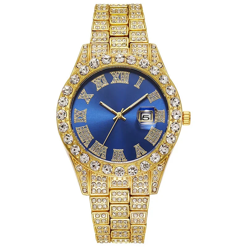 Luxury Men's Diamond Watch – Emerald, Red & Blue Dial | Roman Numerals & Quartz Movement - FitZone360