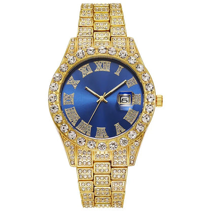 Luxury Men's Diamond Watch – Emerald, Red & Blue Dial | Roman Numerals & Quartz Movement - FitZone360
