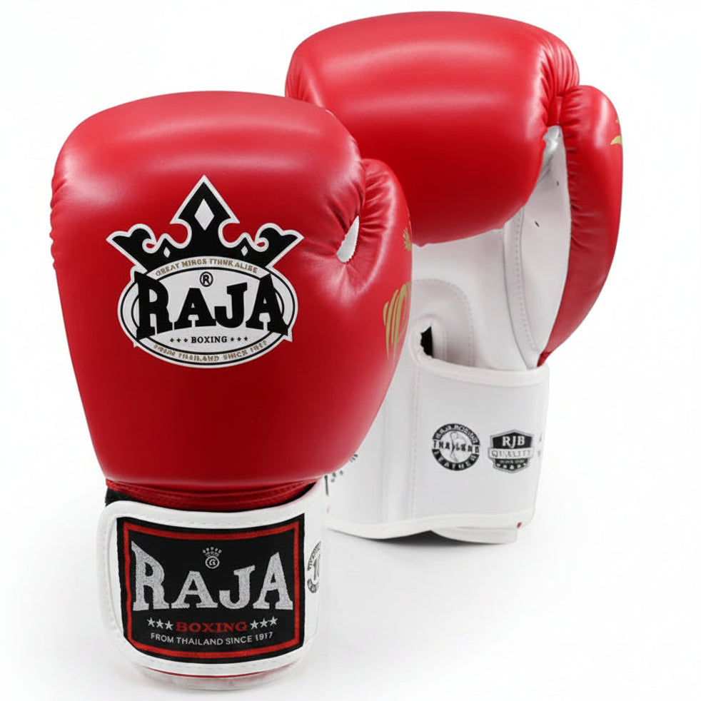 Red and white boxing gloves with Raja Boxing logo on a white background