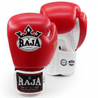 Red and white boxing gloves with Raja Boxing logo on a white background