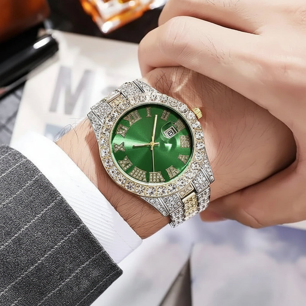 Luxury Men's Diamond Watch – Emerald, Red & Blue Dial | Roman Numerals & Quartz Movement - FitZone360