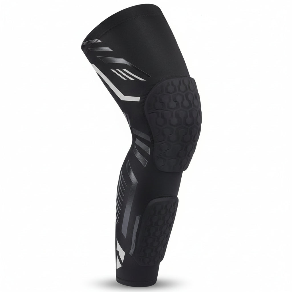 Black knee pad with textured design on a white background