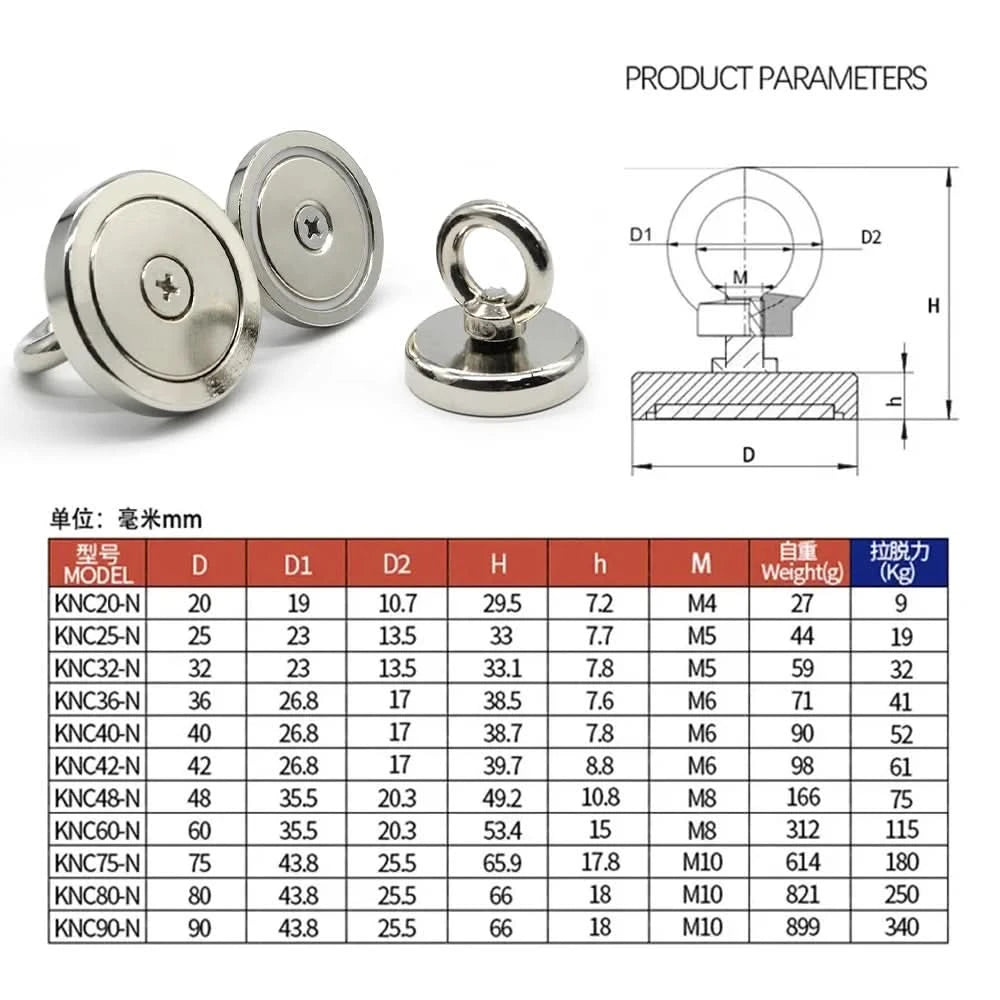 Heavy-Duty Neodymium Salvage Magnet | Strong Fishing Magnet with Ring Eyebolt for Deep Sea Treasure Fishing - FitZone360