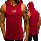 Red sleeveless hoodie with 'Everlast' branding worn by a person on a white background