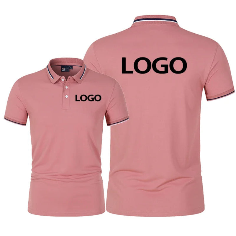 Front and back views of a pink short-sleeve polo shirt with 'LOGO' printed in black on the chest and back, on a plain white background.