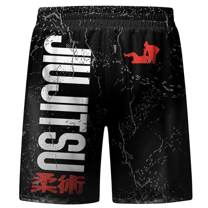 Black shorts with 'Jiu Jitsu' text and red graphics on a white background