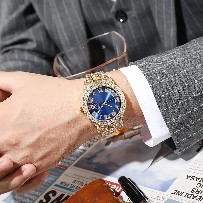 Luxury Men's Diamond Watch – Emerald, Red & Blue Dial | Roman Numerals & Quartz Movement - FitZone360