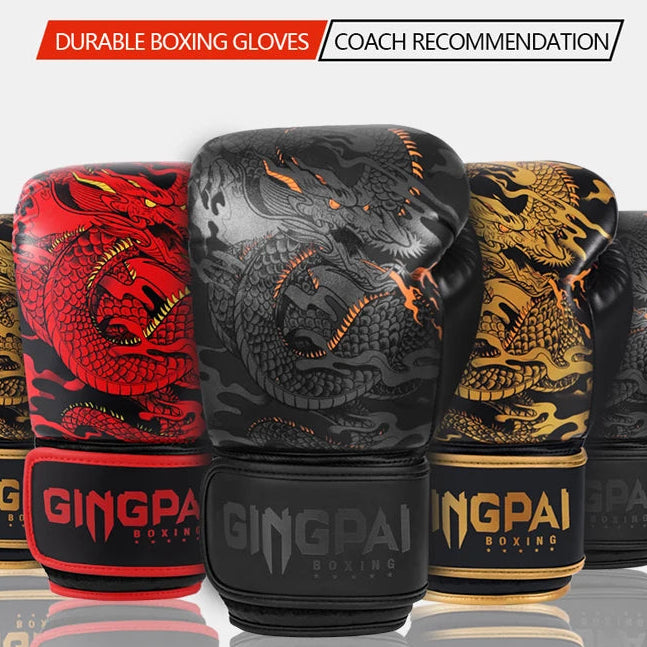 Three boxing gloves with dragon designs and Gingpai branding on a white background.