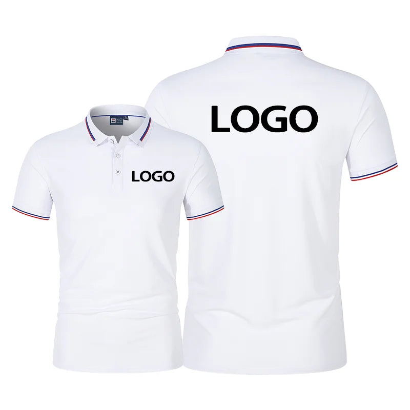 White short-sleeve polo shirt shown from the front and back on a plain white background. The front has a small black 'LOGO' print on the left chest and a blue-and-red striped collar.