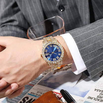 Luxury Men's Diamond Watch – Emerald, Red & Blue Dial | Roman Numerals & Quartz Movement - FitZone360