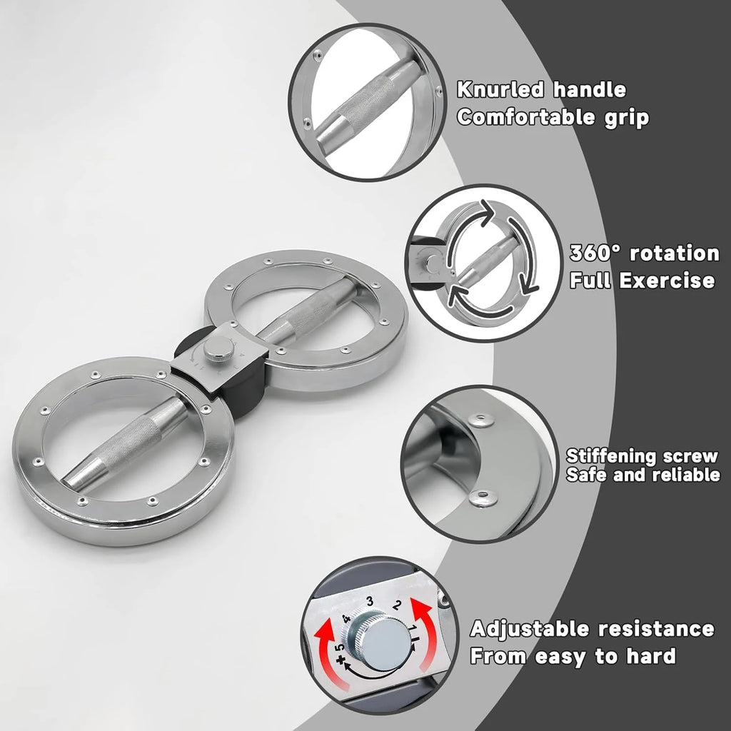 Fitness tool with knurled handle, 360-degree rotation, stiffening screw, and adjustable resistance on a gray background.